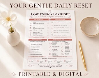 May include: A white paper checklist titled Low Energy Day Reset with sections for essentials, gentle movement, mindset anchors, and permission to rest. The document features icons, checkboxes, and text in a soft pink and dark brown color palette.