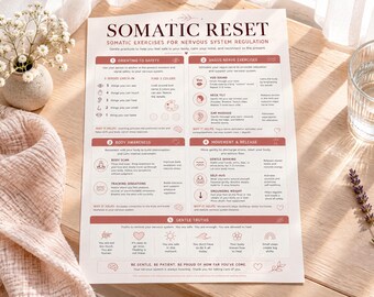 May include: A white informational poster titled Somatic Reset with dark red text and icons. It outlines exercises for nervous system regulation, including sections on orienting to safety, vagus nerve exercises, body awareness, movement, and gentle truths.