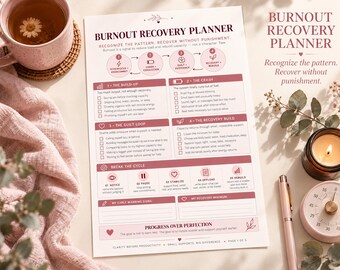 May include: A Burnout Recovery Planner document featuring sections titled The Build-Up, The Crash, The Guilt Loop, and The Recovery Build. The page includes checklists, a cycle diagram, and the text Progress Over Perfection. It is surrounded by a pink mug, a candle, a pen, and a timer.