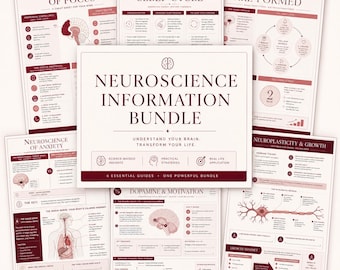 May include: A collection of six educational infographics titled Neuroscience Information Bundle, featuring diagrams on brain function, sleep cycles, habit formation, anxiety, dopamine, and neuroplasticity, printed in dark red and cream tones.