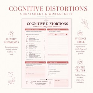 Puede incluir: Una hoja de trucos y ejercicios sobre distorsiones cognitivas impresa en un fondo rosa claro con texto en rosa oscuro. El documento está dividido en cuatro secciones: Identificar la distorsión, Comprobación de evidencia, Reformular el pensamiento y Verdades amables.