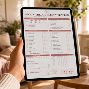 May include: A digital tablet displaying a Spoon Theory Energy Tracker template with a soft pink and white color scheme. The interface includes sections for daily spoon budget, energy drainers, energy gainers, daily reflection, and spoon bank.