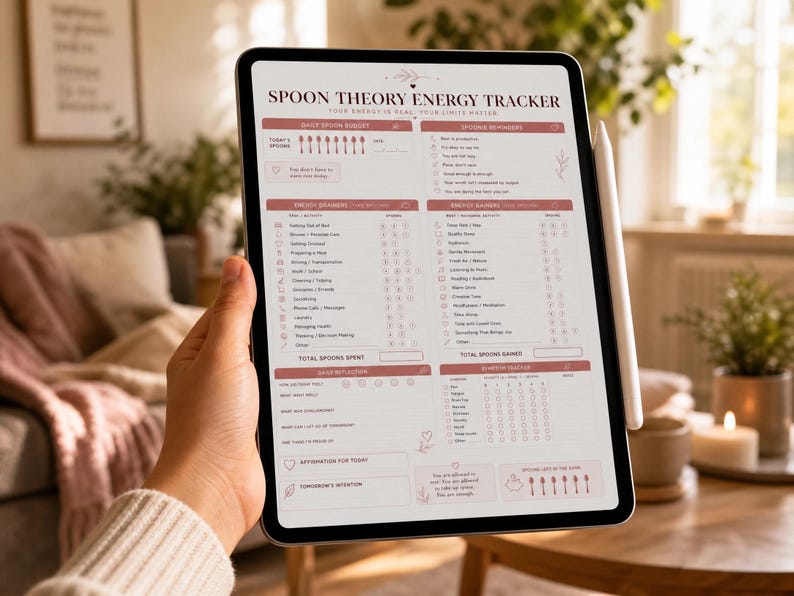 May include: A digital tablet displaying a Spoon Theory Energy Tracker template with a soft pink and white color scheme. The interface includes sections for daily spoon budget, energy drainers, energy gainers, daily reflection, and spoon bank.