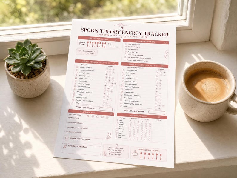 May include: A white paper sheet titled Spoon Theory Energy Tracker with sections for daily spoon budget, energy drains, energy gainers, daily reflection, and symptom tracking. The layout features pink headers, icons, and text lists for daily tasks.