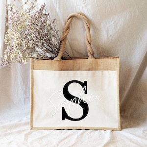 Duurzame jute tas gepersonaliseerd met jouw naam & initiaal Cadeau-idee jute tas boodschappentas van jute en katoen afbeelding 2