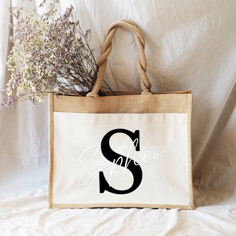 Sustainable jute bag personalized with your name & initial Gift idea jute bag shopping bag made of jute and cotton image 2