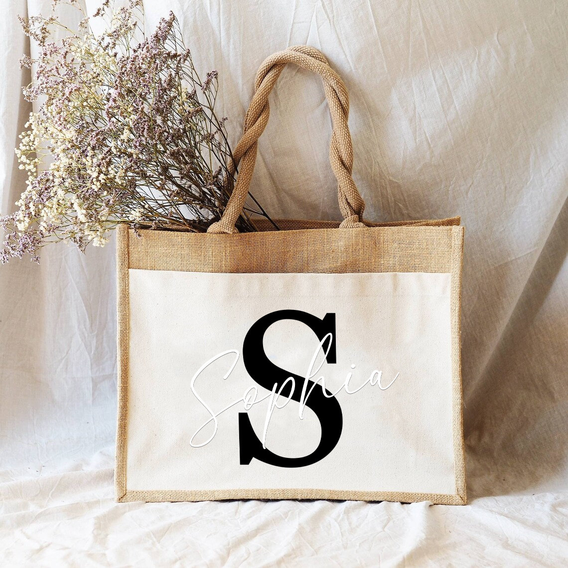 Sustainable jute bag personalized with your name & initial | Gift idea jute bag shopping bag made of jute and cotton