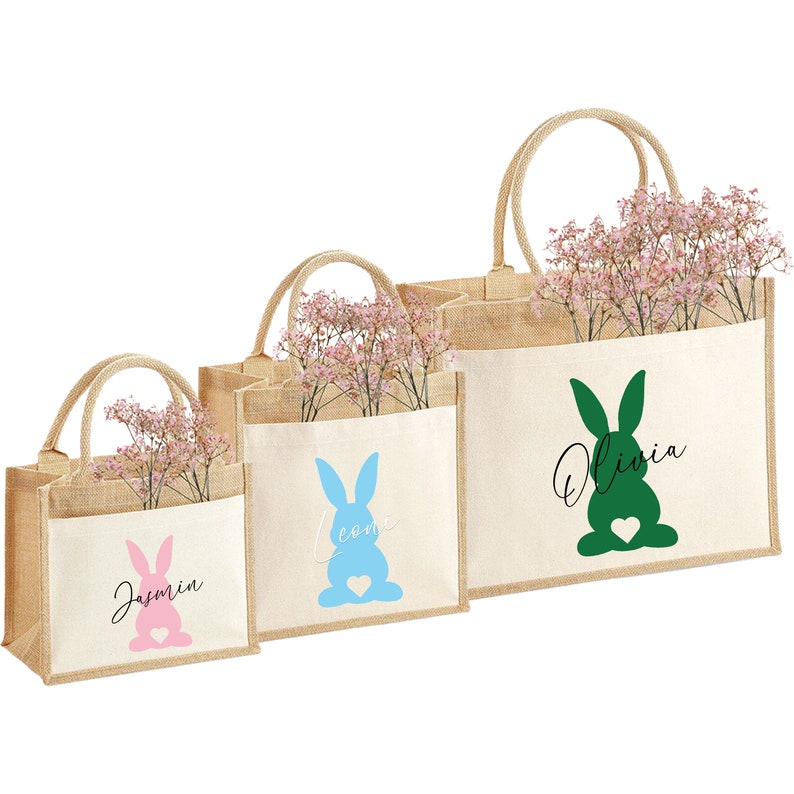 Nachhaltige Jute-Tasche Personalisierte Ostertasche Osterbeutel Osterhase Geschenk Tasche Jute Beutel Einkaufstasche aus Jute und Baumwolle Bild 1