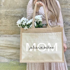 Nachhaltige MOM Jute-Tasche mit deinem Name & Initial personalisiert Geschenkidee Jute-Beutel Einkaufstasche aus Jute und Baumwolle Bild 2