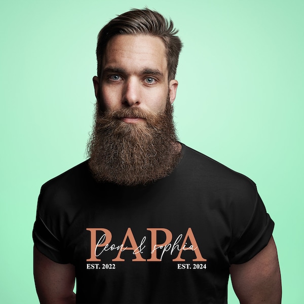 Herren T-Shirt Papa personalisiert mit Namen der Kinder Geburtsjahr Geschenk für Vater Vatertagsgeschenk