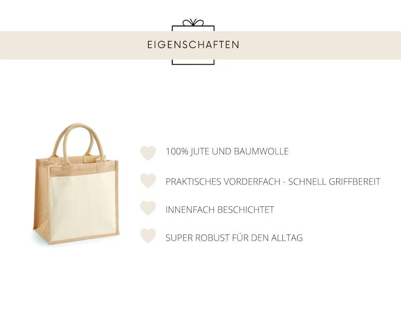 May include: A beige jute and cotton tote bag with a white cotton inner pocket. The bag has a brown leather handle and is labeled with the text "EIGENSCHAFTEN", "100% JUTE UND BAUMWOLLE", "PRAKTISCHES VORDERFACH - SCHNELL GRIFFBEREIT", "INNENFACH BESCHICHTET", and "SUPER ROBUST F&Uuml;R DEN ALLTAG".