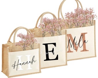 Nachhaltige Jute-Tasche mit deinem Name & Initial personalisiert | Geschenkidee Jute-Beutel Einkaufstasche aus Jute und Baumwolle