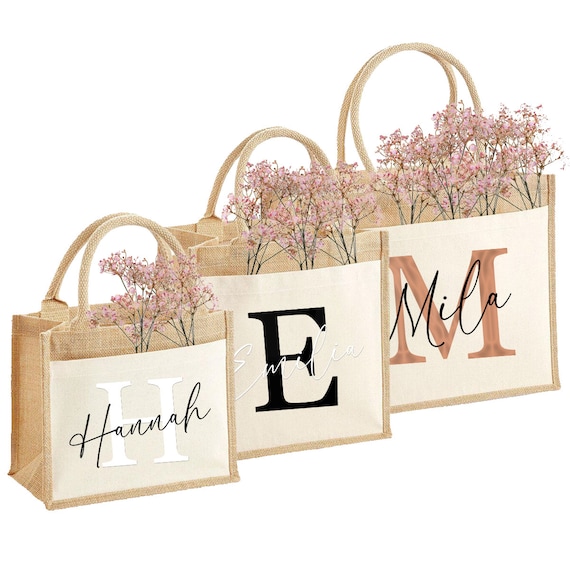 Nachhaltige Jute-Tasche mit deinem Name & Initial personalisiert | Geschenkidee Jute-Beutel Einkaufstasche aus Jute und Baumwolle
