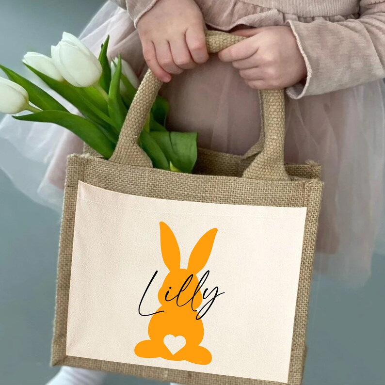 Nachhaltige Jute-Tasche Personalisierte Ostertasche Osterbeutel Osterhase Geschenk Tasche Jute Beutel Einkaufstasche aus Jute und Baumwolle Bild 2