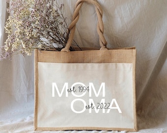 Borsa in juta sostenibile MOM-OMA personalizzata con la tua iniziale | Idea regalo borsa in juta shopping bag realizzata in juta e cotone