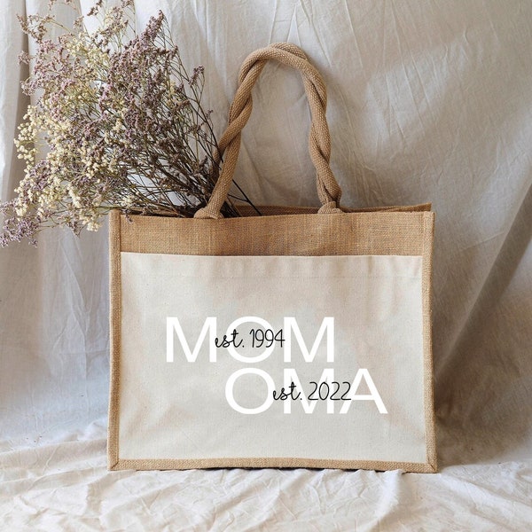 Nachhaltige MOM-OMA Jute-Tasche mit deinen Initial personalisiert | Geschenkidee Jute-Beutel Einkaufstasche aus Jute und Baumwolle