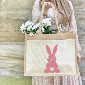 Nachhaltige Jute-Tasche Personalisierte Ostertasche Osterbeutel Osterhase Geschenk Tasche Jute Beutel Einkaufstasche aus Jute und Baumwolle Bild 3