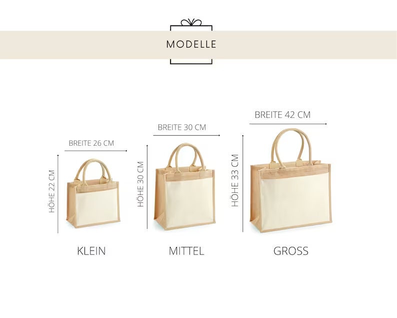 May include: Three jute tote bags in different sizes, labeled "Klein" (small), "Mittel" (medium), and "Gross" (large). The bags are made of natural jute fabric with a white cotton lining. The bags have a height of 22 cm, 30 cm, and 33 cm, and a width of 26 cm, 30 cm, and 42 cm, respectively.