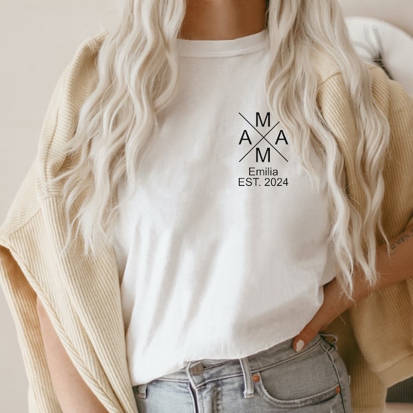 Frauen T-Shirt Mama personalisiert mit Namen der Kinder Geburtsjahr Geschenk für Mutter Muttertagsgeschenk Muttertag