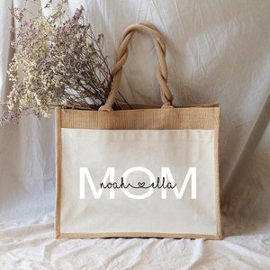 Nachhaltige MOM Jute-Tasche mit deinem Name & Initial personalisiert Geschenkidee Jute-Beutel Einkaufstasche aus Jute und Baumwolle Bild 1