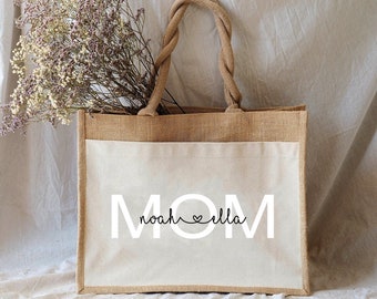 Borsa in iuta MOM sostenibile personalizzata con il tuo nome e la tua iniziale | Idea regalo borsa in juta shopping bag realizzata in juta e cotone