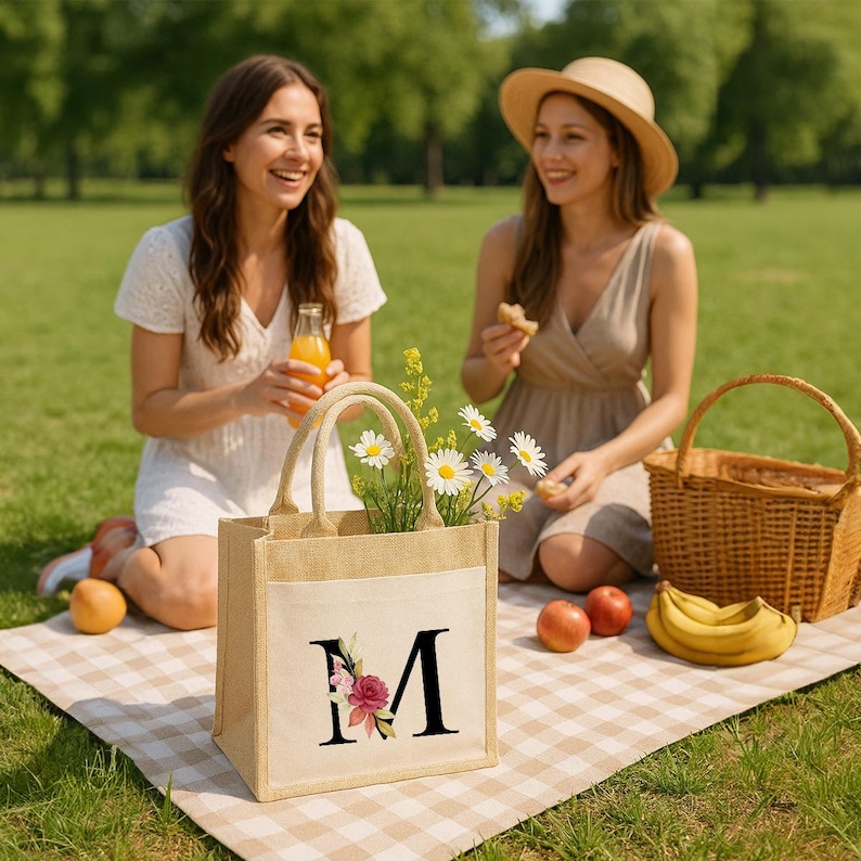 以下が含まれることがあります： チェック柄のピクニックブランケットの上に、文字「M」と花の装飾が施されたベージュのトートバッグがあり、デイジーが詰められています。2人の女性が芝生の上でピクニックを楽しんでおり、果物と柳のバスケットがあります。