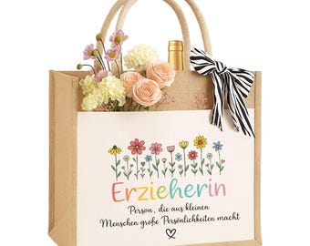 Kindergarten Teacher Flowers Jute Bag Sustainable Gift Bag Shopping Bag made of 100% Jute & Cotton