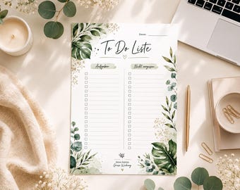 To Do Liste Printable A4, Aufgabenliste zum Ausdrucken, Digitaler Download PDF, Floral Planner, Selbstorganisation