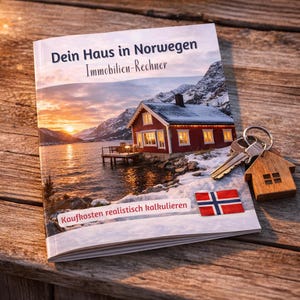 Puede incluir: Folleto "Dein Haus in Norwegen Immobilien-Rechner" con imagen de casa roja junto a un lago. Un juego de llaves y un llavero de madera con forma de casa descansan sobre el folleto. También se ve la bandera noruega.