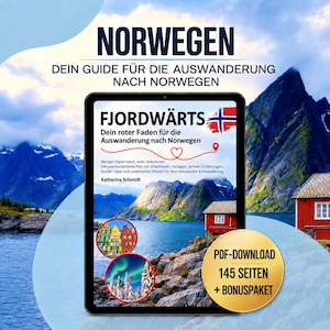 Könnte beinhalten: Ein Tablet mit dem Ratgeber FJORDWÄRTS, norwegischer Flagge, Fjordlandschaft und Text zur Auswanderung nach Norwegen. Ein goldenes Abzeichen weist auf einen PDF-Download mit 145 Seiten und einem Bonuspaket hin, das im Lieferumfang enthalten ist.