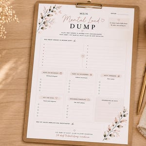 Peut inclure: Un presse-papier contenant un planificateur en papier blanc intitulé Mein Mental Load DUMP avec des sections pour les tâches, les notes et les rappels. La page présente des illustrations florales, une ligne de date et du texte en allemand.