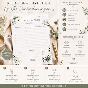 Könnte beinhalten: Ein weißer Habit Tracker mit floralen Akzenten und dem Text "HABIT TRACKER". Der Tracker bietet Platz für 30 Tage Tracking, mit Abschnitten für Ziele, Motivation und Fortschritt. Das Bild enthält auch Text auf Deutsch.