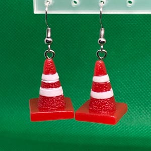 Red Traffic Cone Earrings: Novelty Construction Jewelry