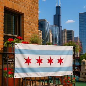 Striscione con bandiera di Chicago – 180x90/120 x 60 cm – 4 stelle rosse – Decorazione da parete con bandiera della città