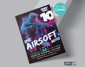 Airsoft Battle Birthday Invitation Template, Instant Digital Download, EDITABLE, Canva Template, 5x7 Customizable, Printable, Ages 8-13