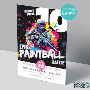 Modello di invito di compleanno per paintball, modificabile 5x7 (download digitale)