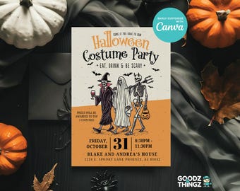 Halloween Costume Party Invite Template, Party Skeletons, Instant Digital Download, EDITABLE, Canva Template, 5x7 Customizable, Printable