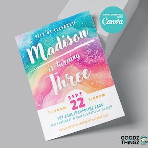 Rainbow Sparkles Birthday Invitation Template, Instant Digital Download, EDITABLE, Canva Template, 5x7 Customizable, Printable, All Ages