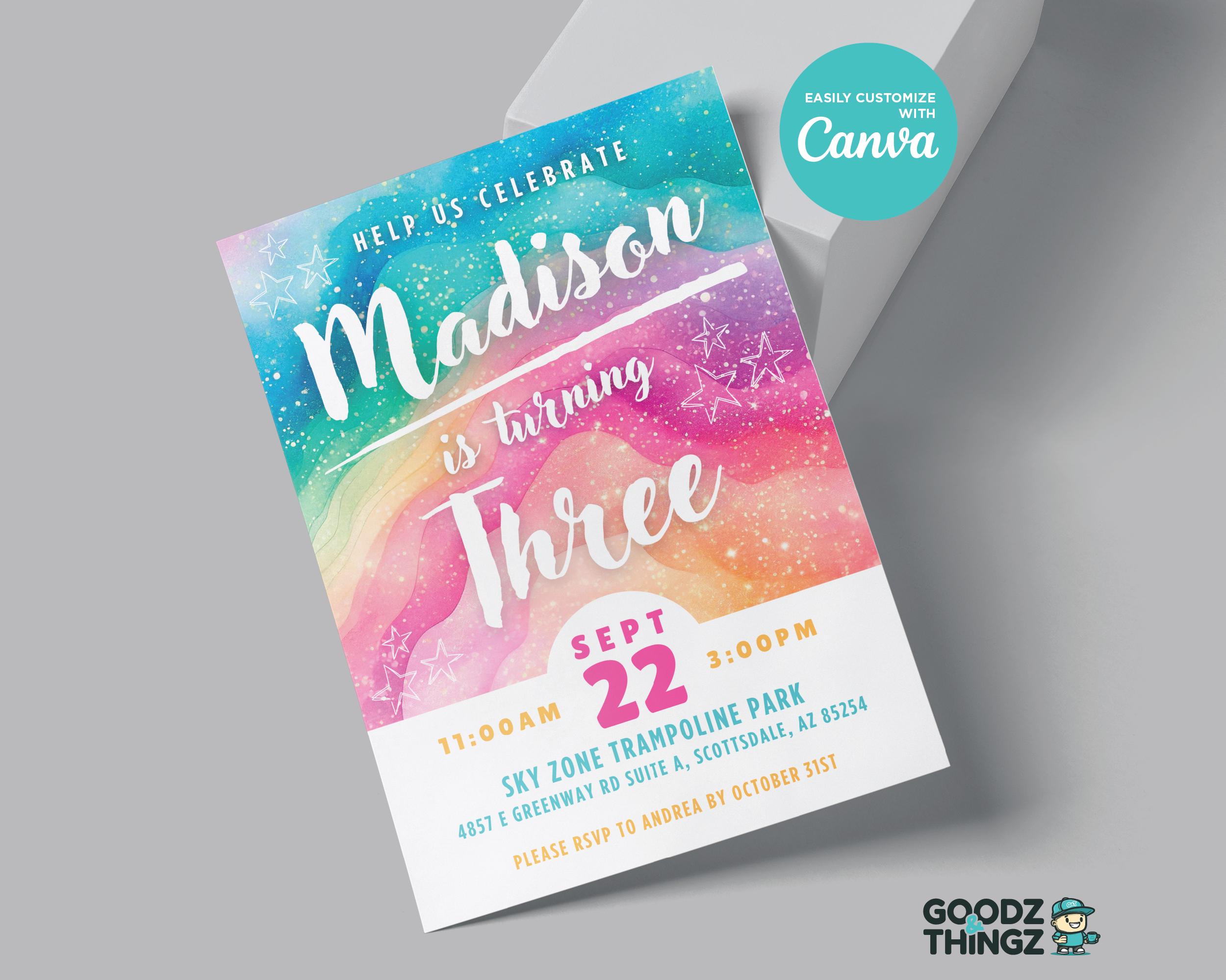 Rainbow Sparkles Birthday Invitation Template, Instant Digital Download, EDITABLE, Canva Template, 5x7 Customizable, Printable, All Ages