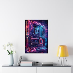 Epic Gamer Poster, PC Motherboard Technical Drawing, Retro Neon ...