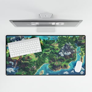 May include: A white keyboard and a white mouse are on a green and blue gaming mousepad with a pixelated island landscape design.