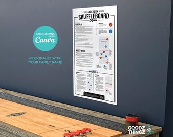 Shuffleboard Rules Poster, Personalized Game Room Sign (Canva Template)