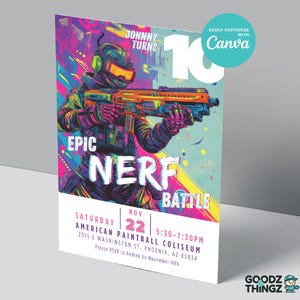 May include: A colorful invitation for a Nerf battle party. The invitation features a cartoon character holding a Nerf gun and the text "Johnny Turns 10 Epic Nerf Battle" with the date, time, and location of the event.