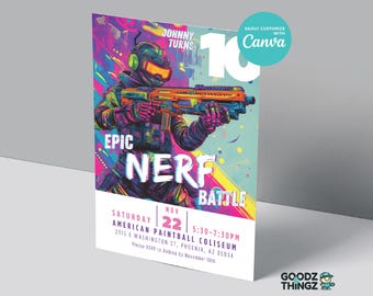 Epic Nerf Battle Birthday Invitation Template, Instant Digital Download, EDITABLE, Canva Template, 5x7 Customizable, Printable, All Ages