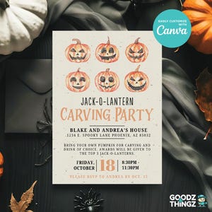May include: A Halloween party invitation featuring watercolour jack-o'-lantern illustrations. The text reads "Jack-O-Lantern Carving Party" with event details, including the date, time, and location. The design includes pumpkins, leaves, and a black background.