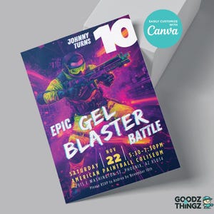 Szablon zaproszenia urodzinowego Gel Blaster Battle, natychmiastowe pobranie cyfrowe, EDYTOWALNY, szablon Canva, 5x7, dostosowywalny, do druku, każdy wiek