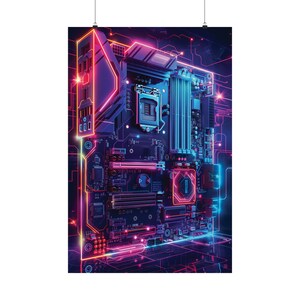 May include: A close-up of a computer motherboard with neon pink and blue lights. The motherboard is a complex circuit board with many components, including a processor, memory slots, and expansion slots.