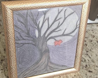 Original Charcoal Tree Drawing: Red Leaf, Bright Moon Art - Small