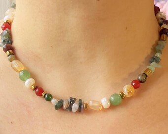 Vibrant Gemstone Choker Necklace, Pearl Agate Jade Hematite  Aventurine Beaded Boho Jewelry,Handmade Product, Boho Chic Necklace
