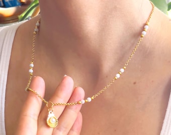 Gold Seashell Pendant Necklace: Mother of Pearl Beads, 24k Gold Plated Chain,Handmade Product